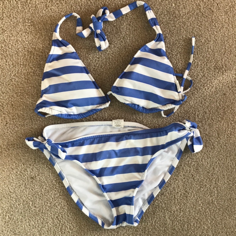 Matching blue striped swim suit